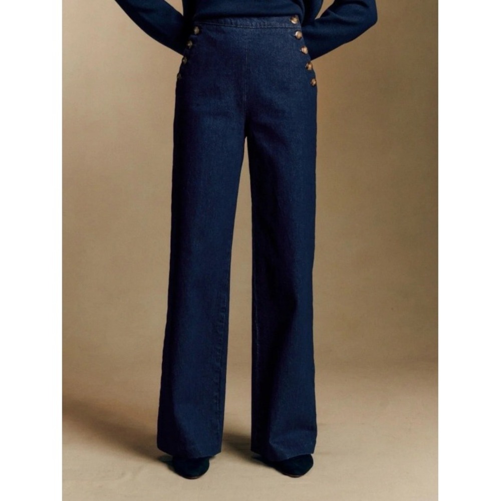 Sézane Marino Trousers Size 34 US 2 Blue Sailor Button High Rise Wide Leg Jeans